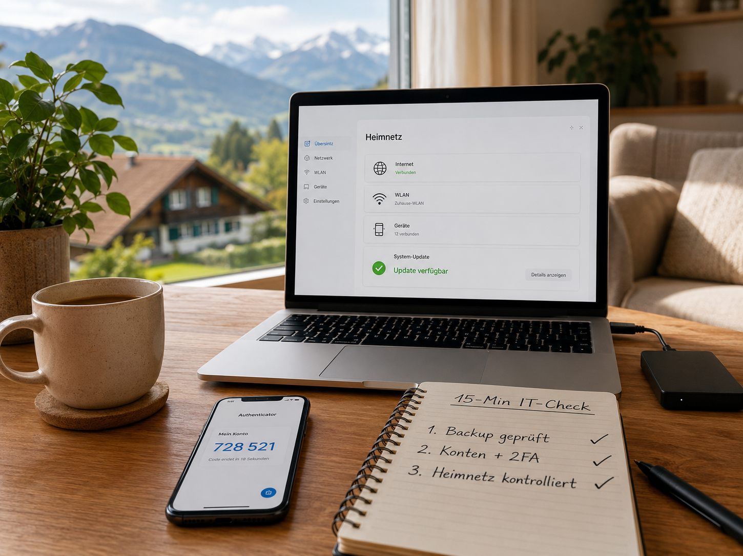 Gemütliches Heimarbeitsbüro mit Bergblick Laptop mit Heimnetz-Update, Smartphone mit Zwei-Faktor-Code und Notizbuch mit 15-Min-IT-Check auf einem Holztisch im Berner Oberland.