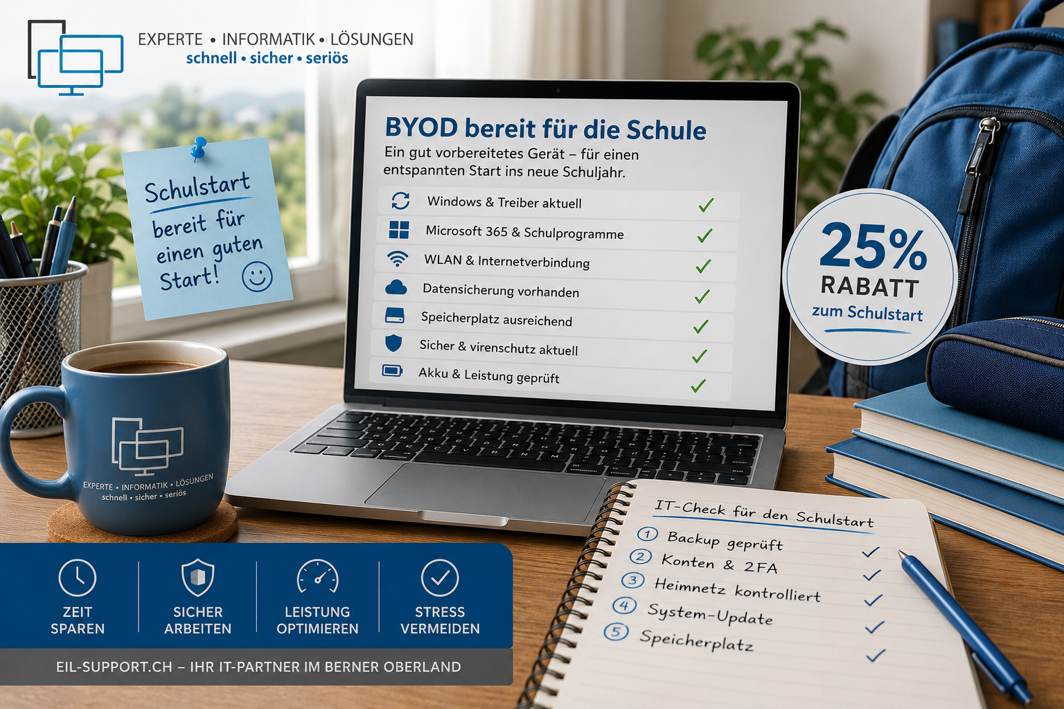 BYOD-Schulgerät für den Schulstart vorbereiten – Laptop mit IT-Checkliste und Schulrucksack für einen stressfreien Schulbeginn